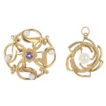 A gem-set brooch and pendant. To include a 9ct gold openwork amethyst and cultured pearl brooch,