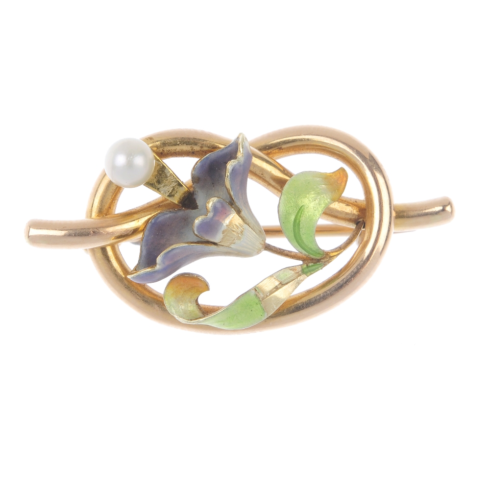 An early 20th century 15ct gold enamel and cultured pearl brooch. The enamel flower, with cultured