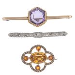 A selection of three diamond and gem-set brooches. To include a split pearl and citrine openwork