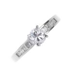 A diamond single-stone ring. The brilliant-cut diamond, to the square-shape diamond line sides.