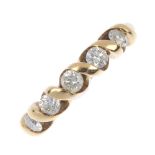 (14708) An 18ct gold diamond five-stone ring. The brilliant-cut diamonds interspaced by curved lines