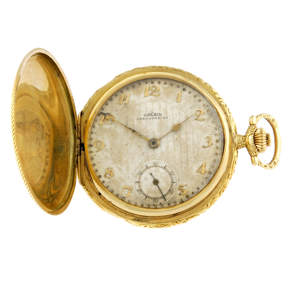 A full hunter pocket watch by Vulcain. Yellow metal case, stamped 18C, with crown to cover. Number
