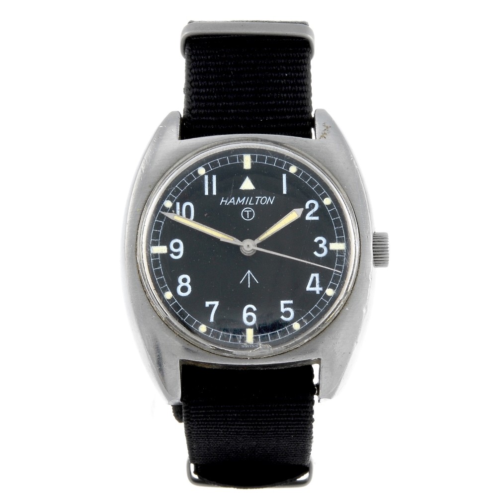 HAMILTON - a gentleman's military issue wrist watch. Stainless steel case, stamped with British