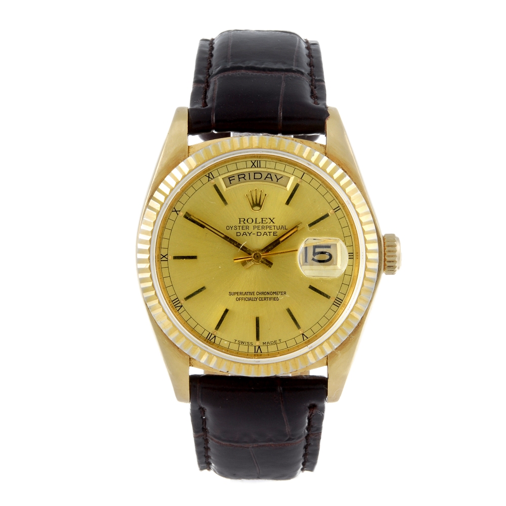 ROLEX - a gentleman's Oyster Perpetual Day-Date wrist watch. Circa 1979. 18ct yellow gold case