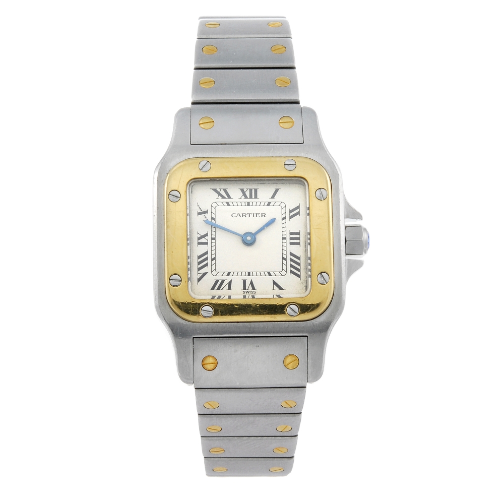 CARTIER - a Santos bracelet watch. Stainless steel case with yellow metal bezel. Reference 06212,