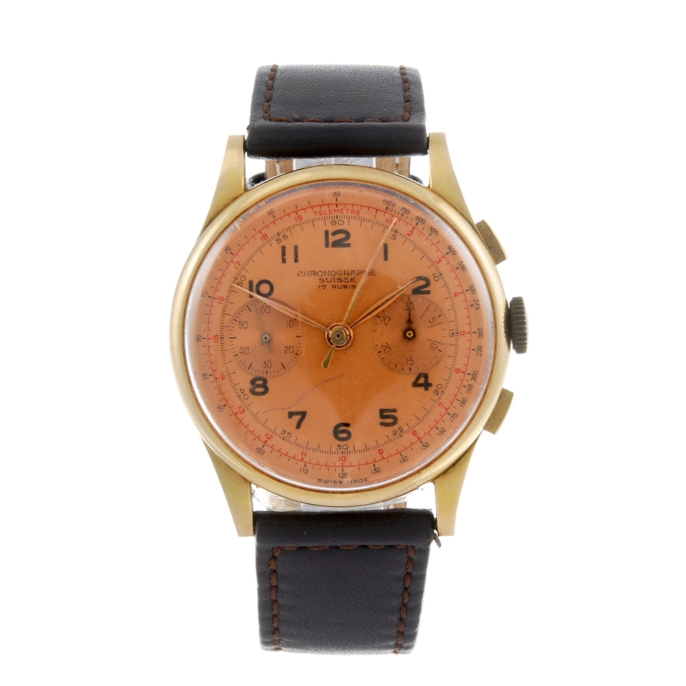 CHRONOGRAPHE SUISSE - a gentleman's chronograph wrist watch. Yellow metal case, stamped 18K 0.750