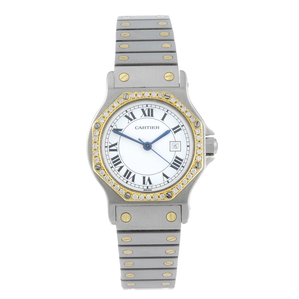 CARTIER - a Santos Ronde bracelet watch. Stainless steel case with diamond set yellow metal bezel.