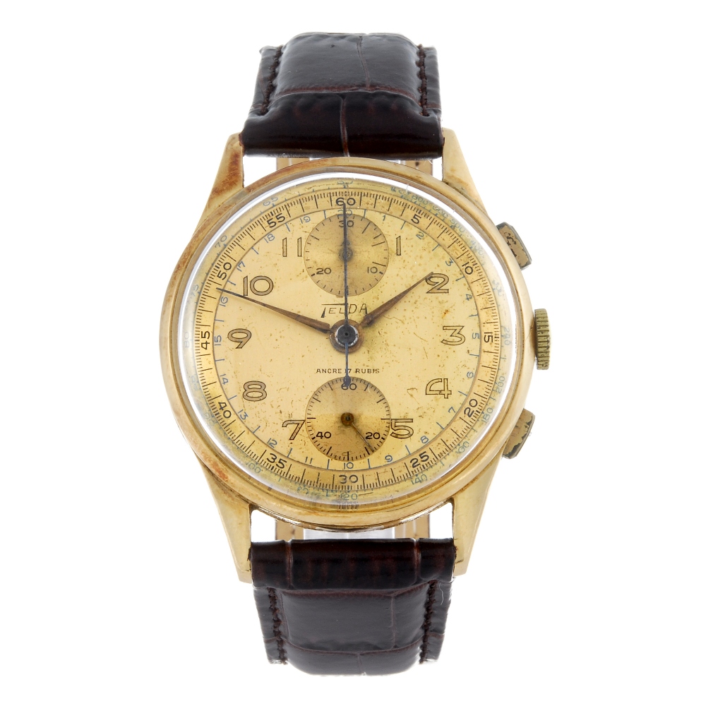 TELDA - a gentleman's chronograph wrist watch. Yellow metal case, stamped 18K 0.750 with poincon.