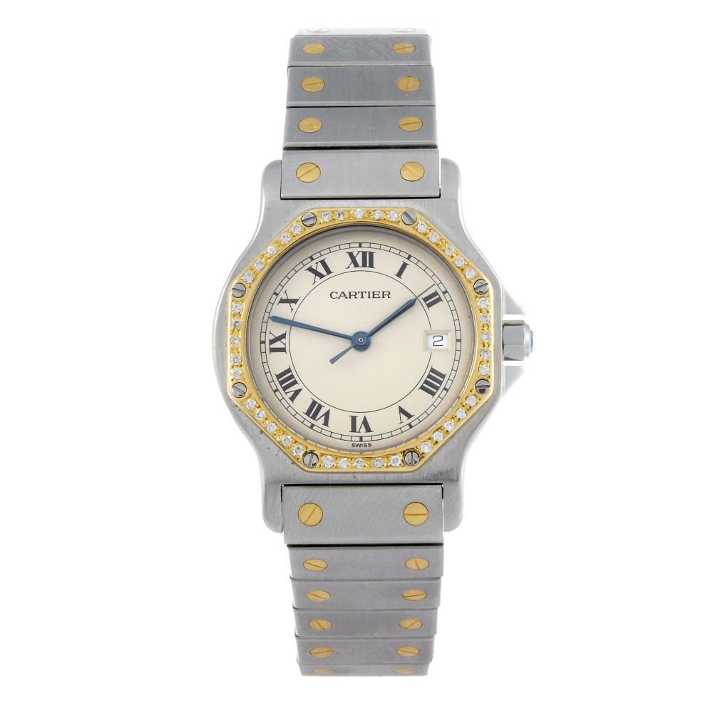 CARTIER - a Santos Ronde bracelet watch. Stainless steel case with yellow metal diamond set bezel.