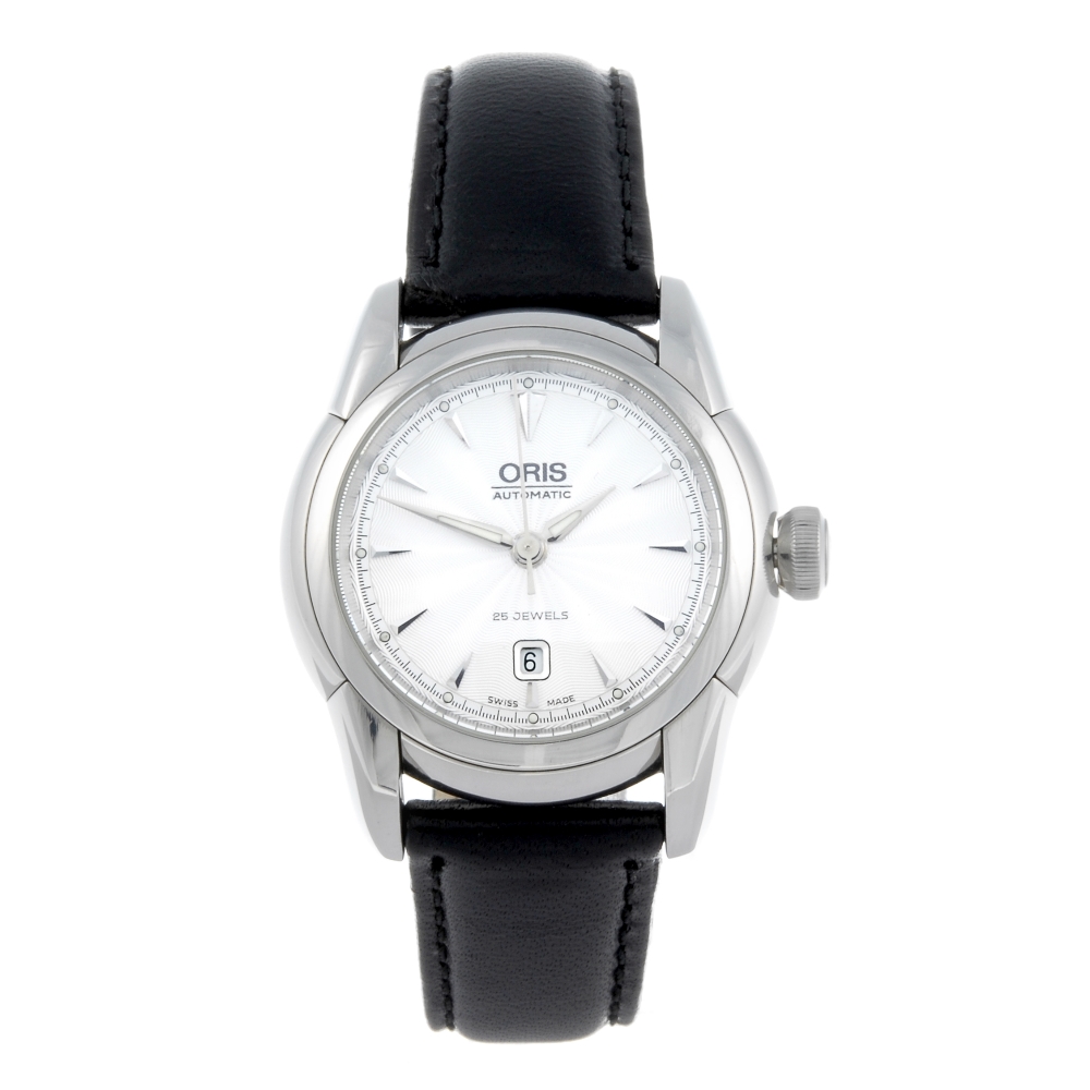 ORIS - a mid-size Artelier Date wrist watch. Stainless steel case with exhibition case back.