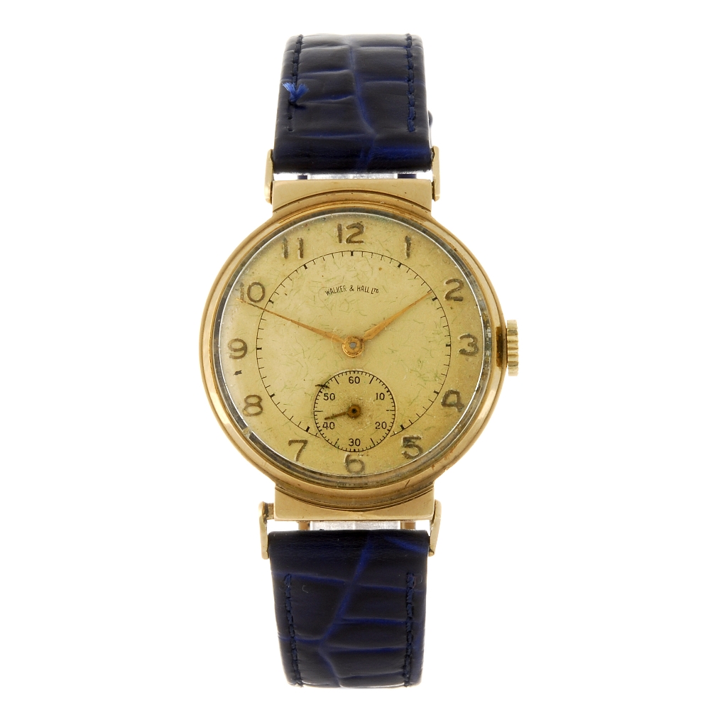 WALKER & HALL - a gentleman's wrist watch. 9ct gold case with personal engraving to case back,