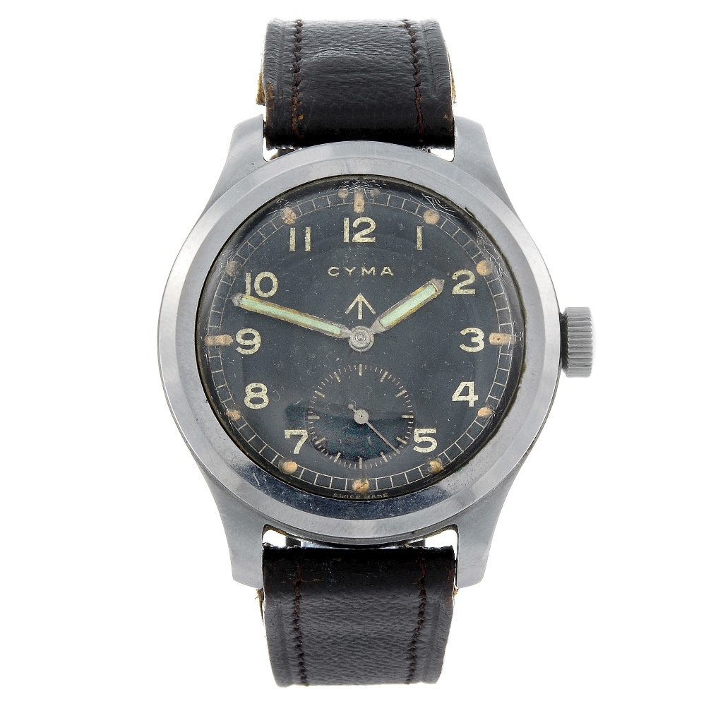 CYMA - a gentleman's military issue wrist watch. Stainless steel case, stamped with British Broad
