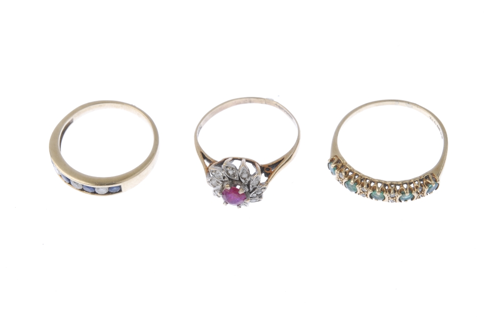 A selection of three 9ct gold diamond and gem-set rings. To include a ruby and diamond cluster ring, - Image 2 of 3