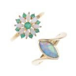 A selection of five gem-set rings. To include an emerald and opal floral cluster ring, a