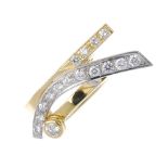 An 18ct gold diamond dress ring. Of abstract design, the brilliant-cut diamond collet, to the pave-