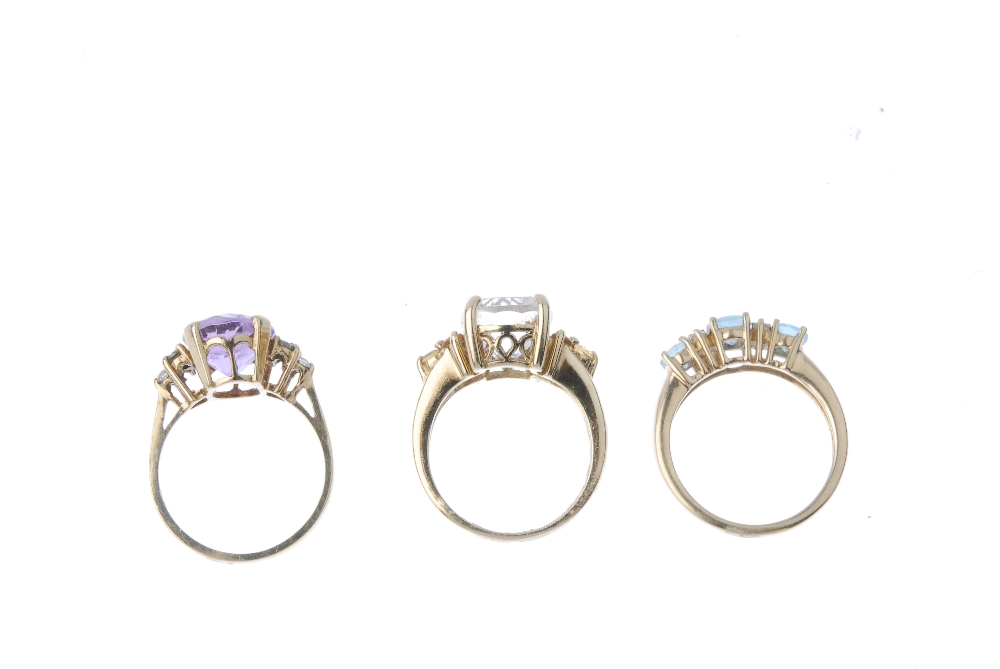 A selection of three 9ct gold gem-set dress rings. To include an amethyst ring with cubic zirconia - Image 4 of 4