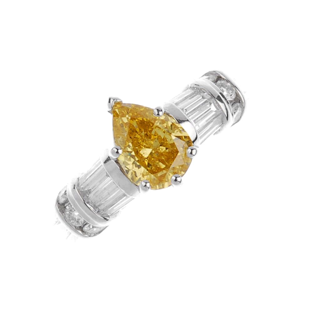 (540534-1-A) A coloured diamond and diamond dress ring. The pear-shape 'yellow' diamond, with