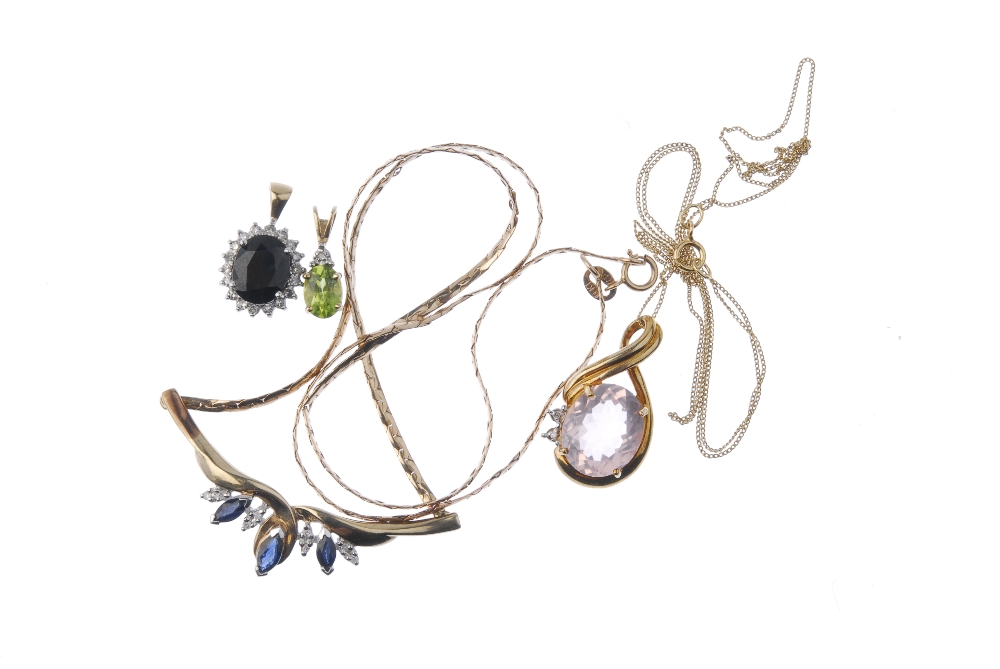 A selection of diamond and gem-set pendants. To include a vari-shape garnet and diamond cluster - Image 3 of 3
