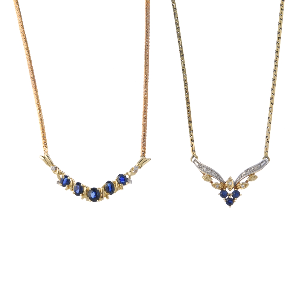 Two sapphire and diamond necklaces. The first designed as a series of oval-shape sapphires with