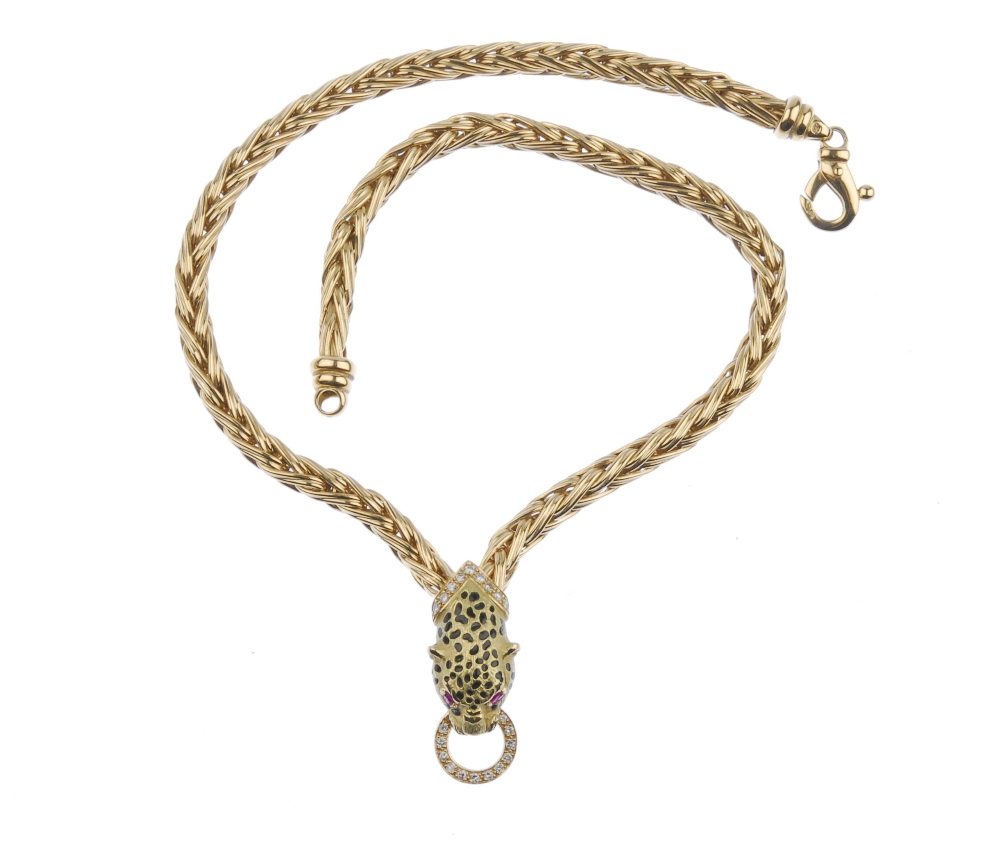 (536178-3-A) An 18ct gold enamel and gem-set leopard necklace. The leopard mask, with black enamel - Image 4 of 4