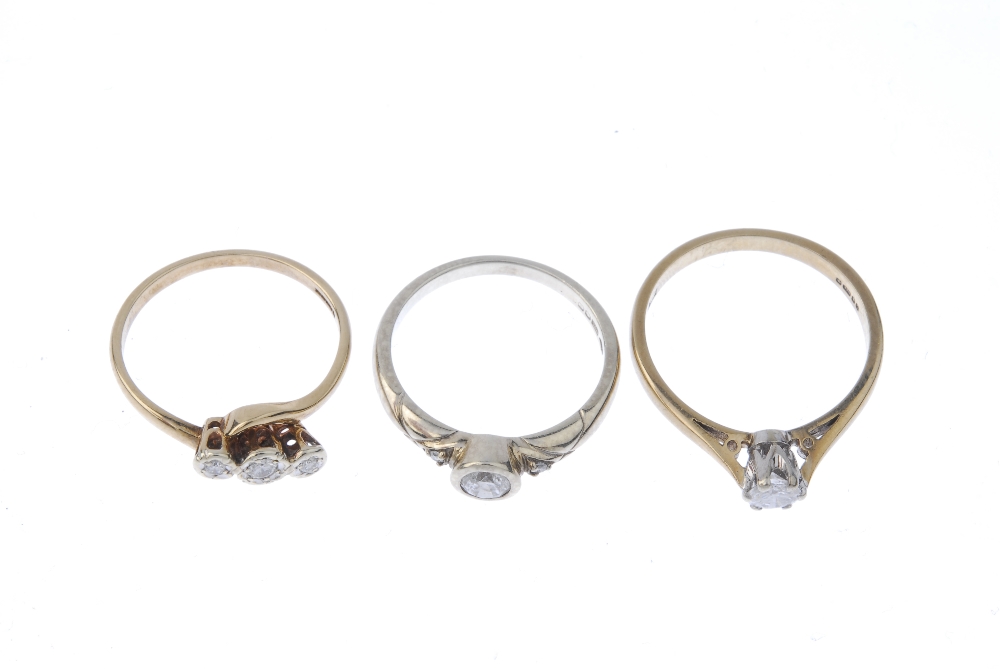 Three 9ct gold diamond rings. To include a brilliant-cut diamond single-stone ring, a brilliant- - Image 2 of 3