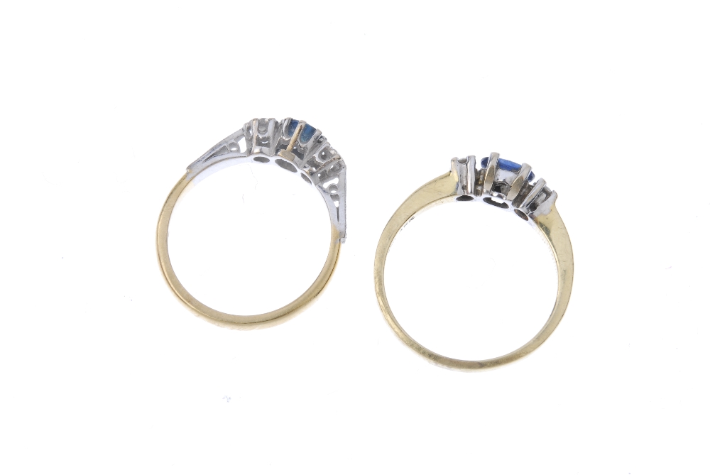 Two sapphire and diamond three-stone rings. To include an 18ct gold circular-shape sapphire and - Image 4 of 4