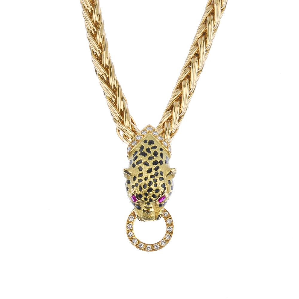 (536178-3-A) An 18ct gold enamel and gem-set leopard necklace. The leopard mask, with black enamel