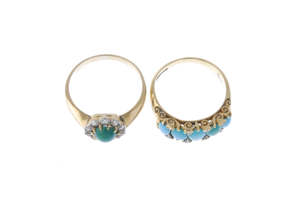 Two early 20th century 18ct gold turquoise and diamond rings. To include a circular turquoise and - Image 2 of 4