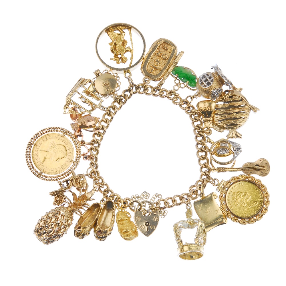 (536178-7-A) A 9ct gold charm bracelet. The textured curb-link chain, suspending a series of