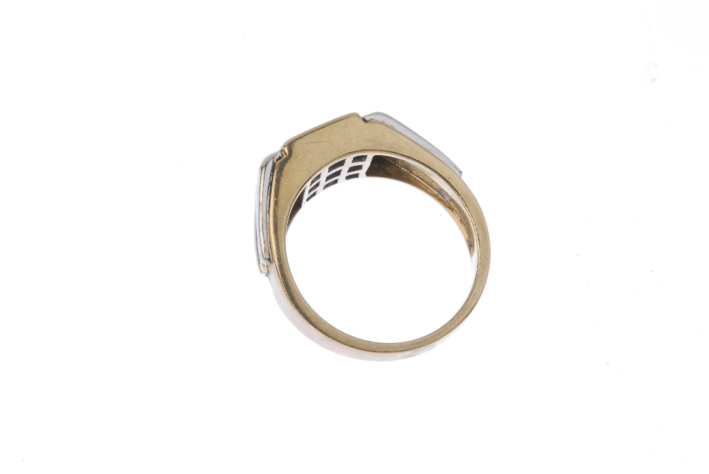 A gentleman's 9ct gold diamond ring. The square-shape diamond four-stone panel, to the bi-colour - Image 4 of 4