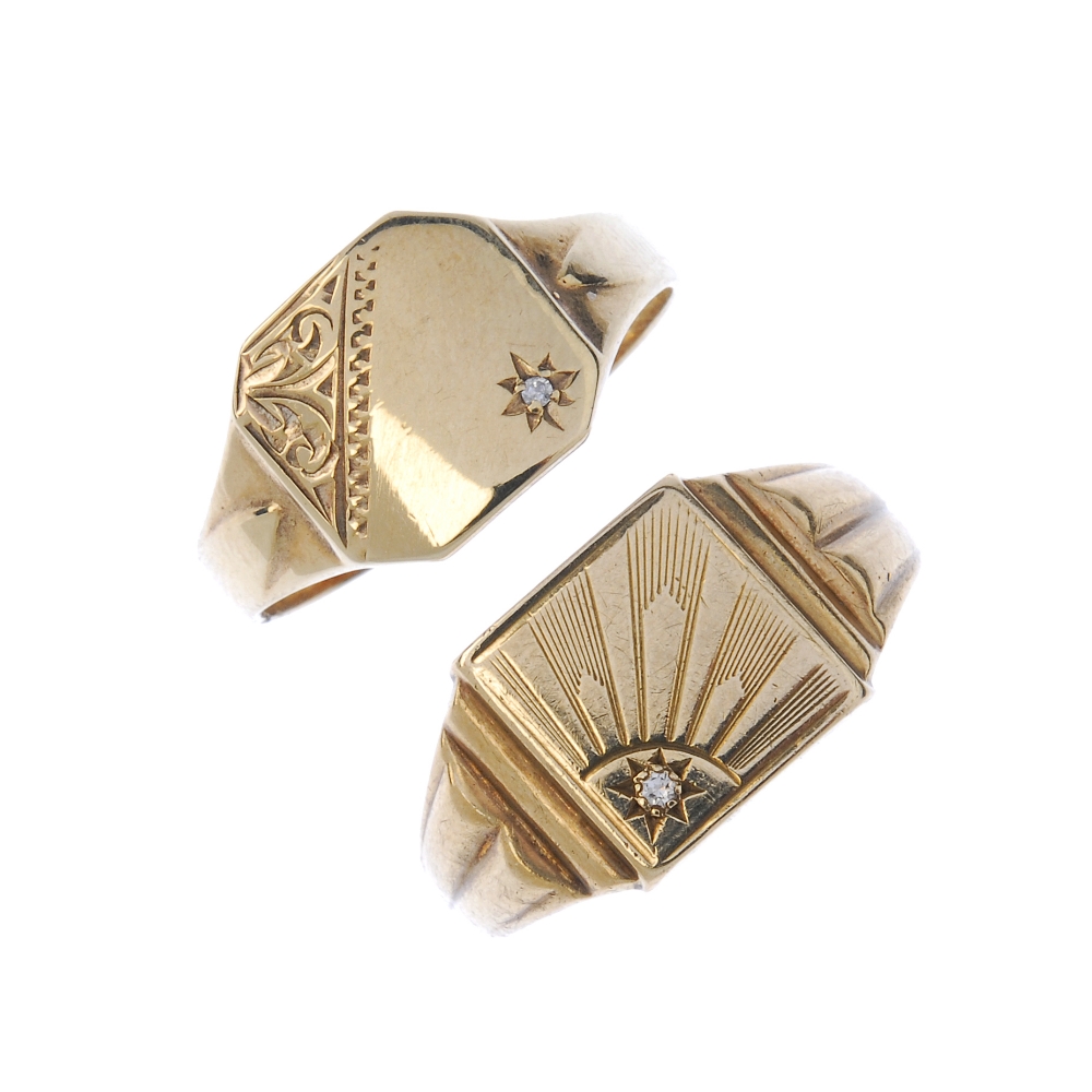 Two 9ct gold diamond signet rings. The first designed as rectangular panel, with spray engraving and