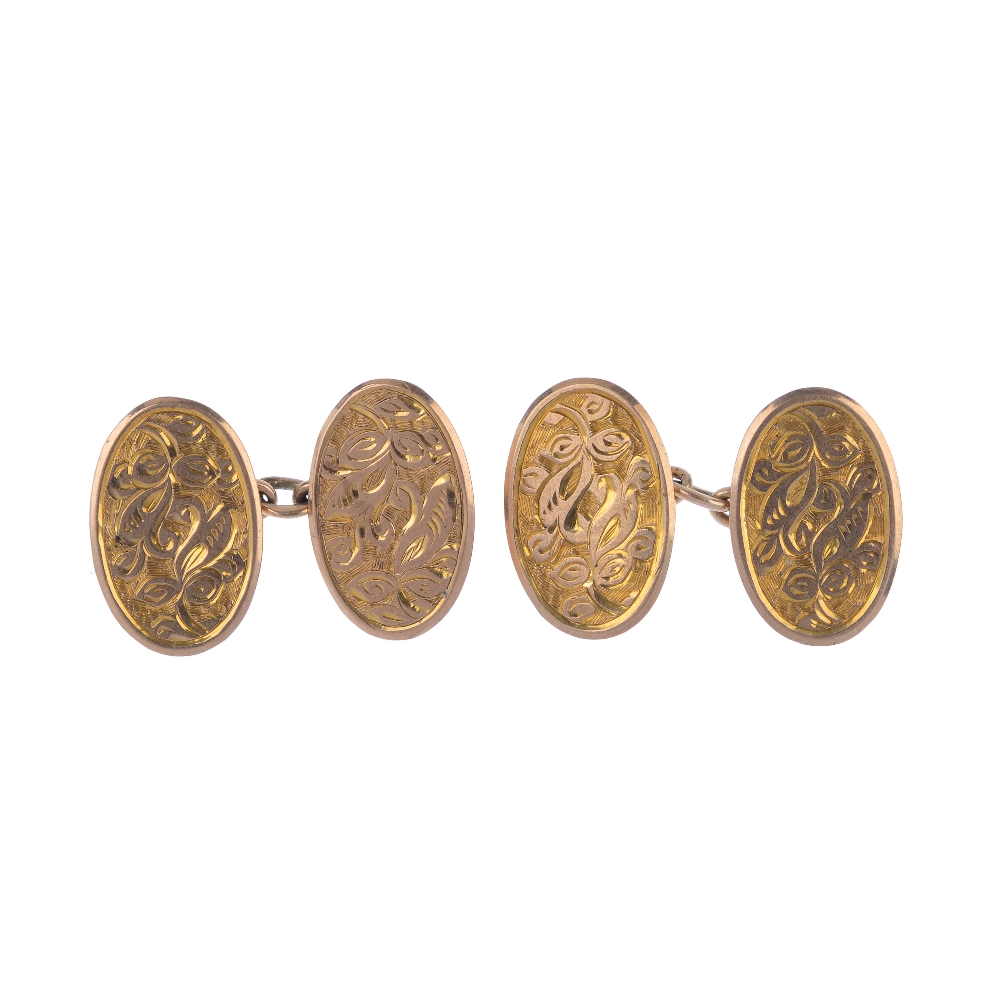Two pairs of early 20th century 9ct gold cufflinks. The first pair designed as two oval-shape