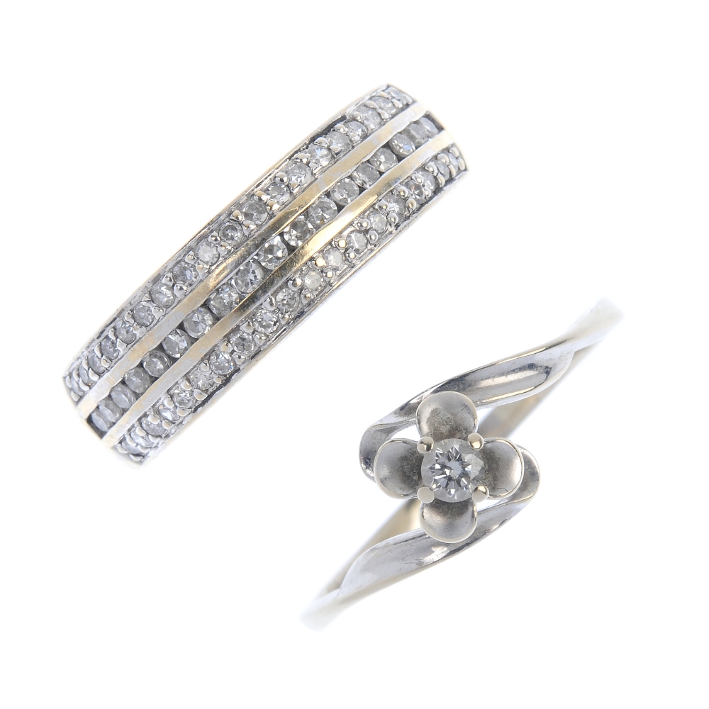 Two diamond dress rings. To include a brilliant-cut diamond flower ring and a brilliant-cut