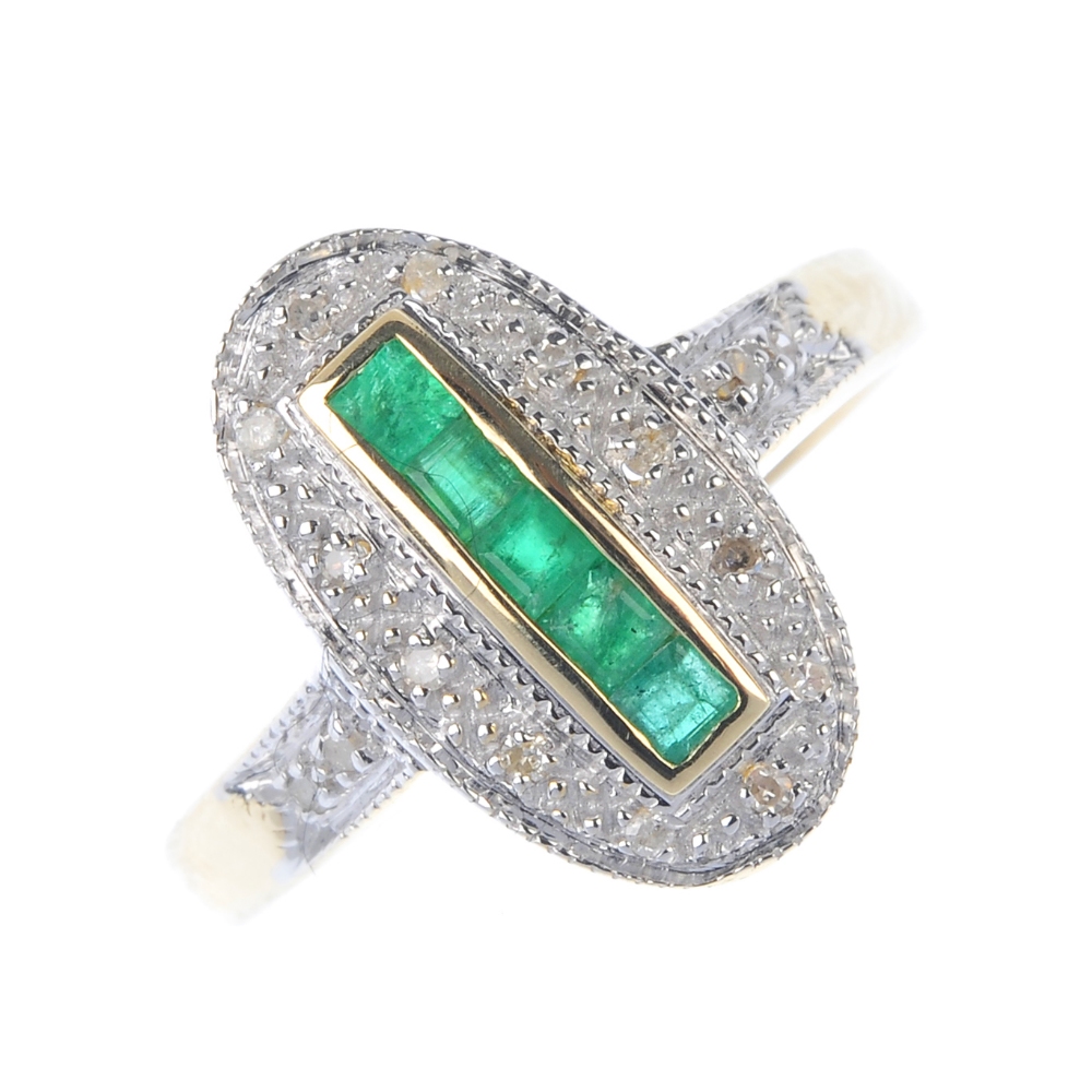 A 9ct gold emerald and diamond dress ring. The square-shape emerald line, within a single-cut