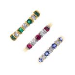 A selection of three 18ct gold diamond and gem-set rings. To include a ruby and diamond five-stone