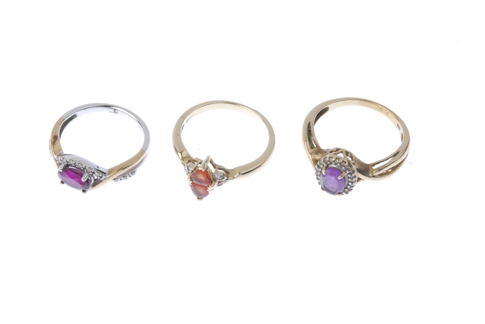 A selection of three diamond and gem-set rings. To include an amethyst and diamond cluster ring, - Image 2 of 4