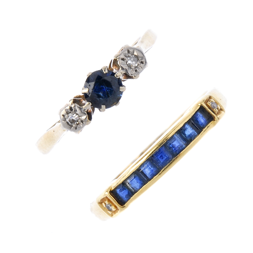 Two sapphire and diamond dress rings. The first designed as a square-shape sapphire line with