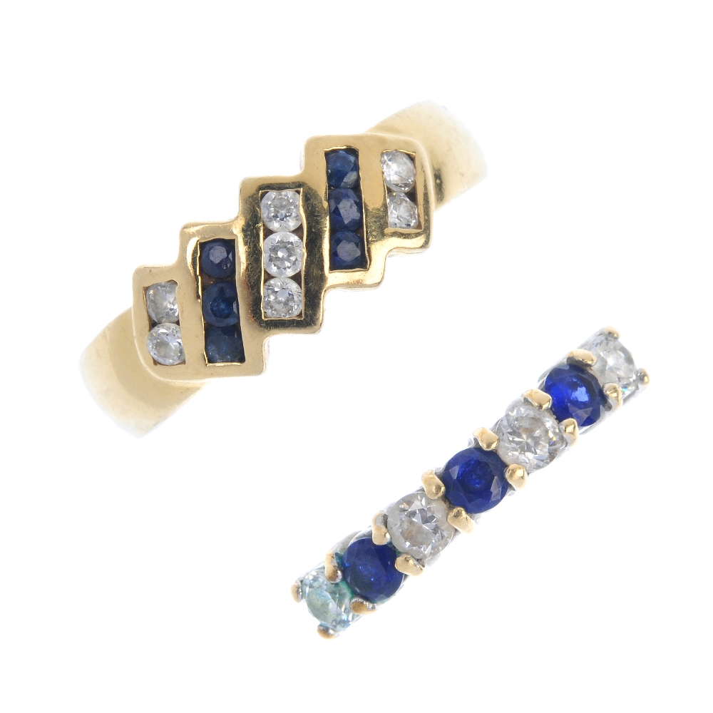 Two sapphire and cubic zirconia rings. To include a circular-shape sapphire and cubic zirconia