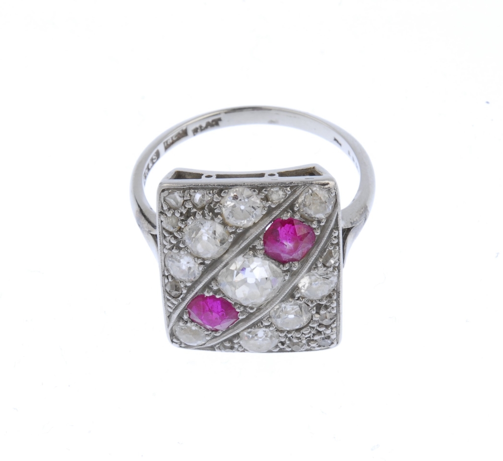 (137392) A diamond and ruby dress ring. Designed as a rectangular-shape panel of old-cut diamonds - Image 4 of 4