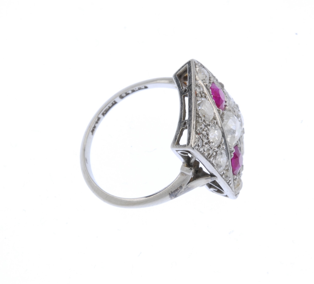 (137392) A diamond and ruby dress ring. Designed as a rectangular-shape panel of old-cut diamonds - Image 2 of 4