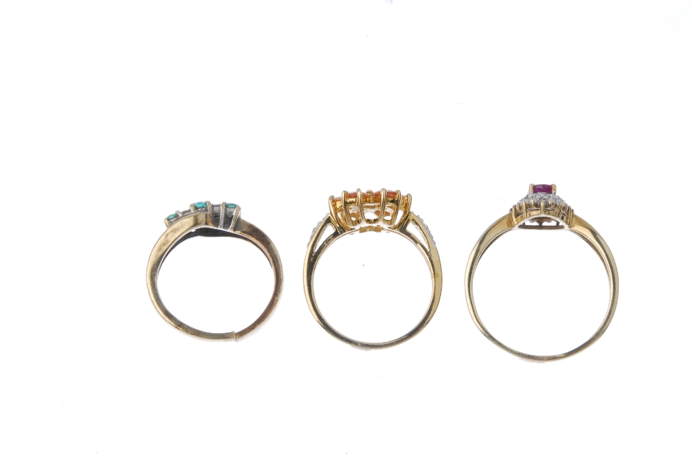 A selection of three 9ct gold diamond and gem-set rings. To include a ruby and diamond cluster ring, - Image 3 of 3