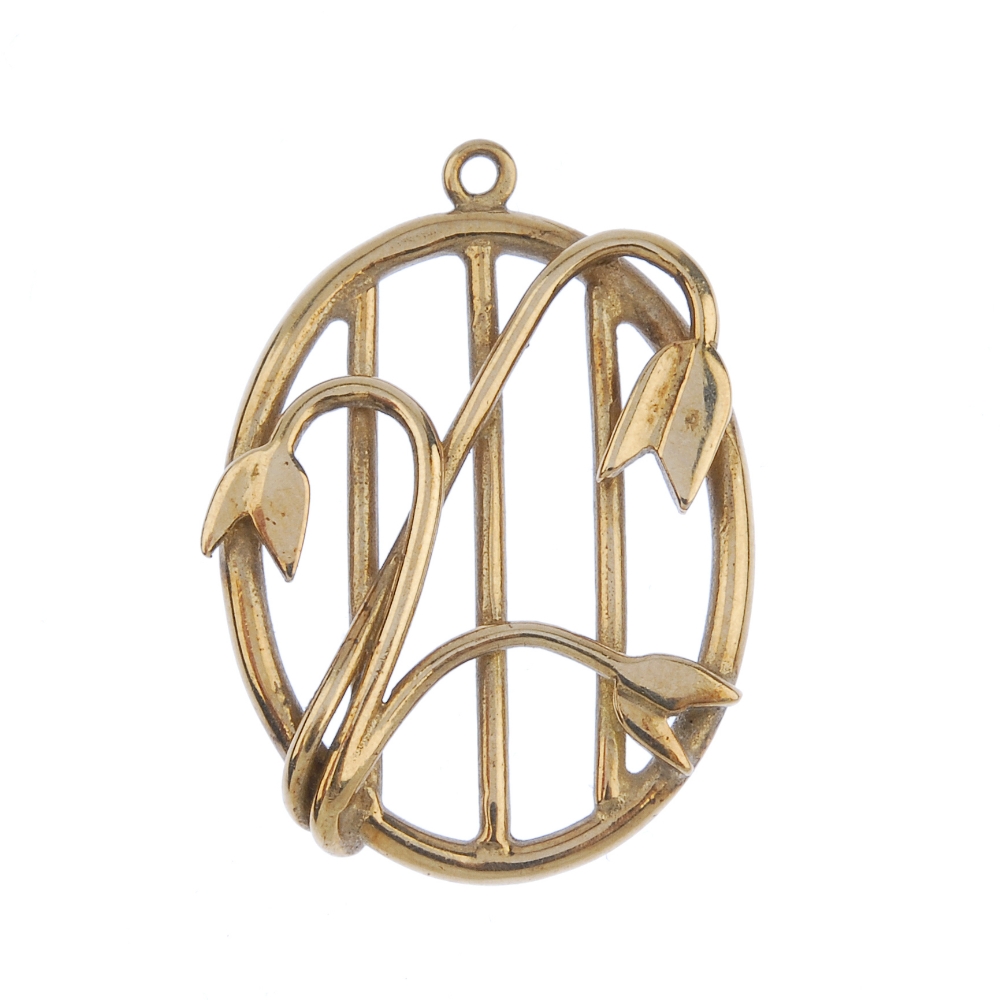 A 9ct gold pendant. Of oval outline, the openwork panel, with floral detail overlay. Hallmarks for