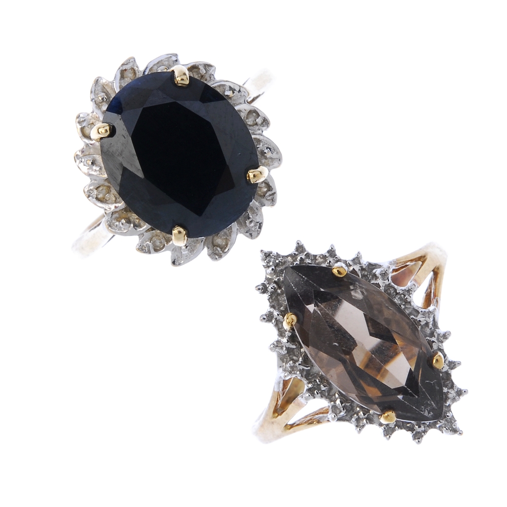 A selection of four 9ct gold diamond and gem-set rings. To include a marquise-shape smoky quartz and