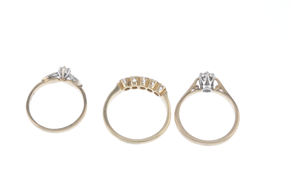 A selection of three 9ct gold diamond rings. To include a brilliant-cut diamond single-stone ring, a - Image 3 of 3