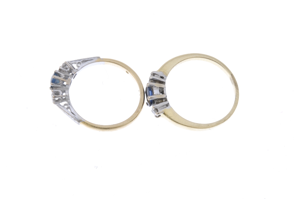 Two sapphire and diamond three-stone rings. To include an 18ct gold circular-shape sapphire and - Image 3 of 4