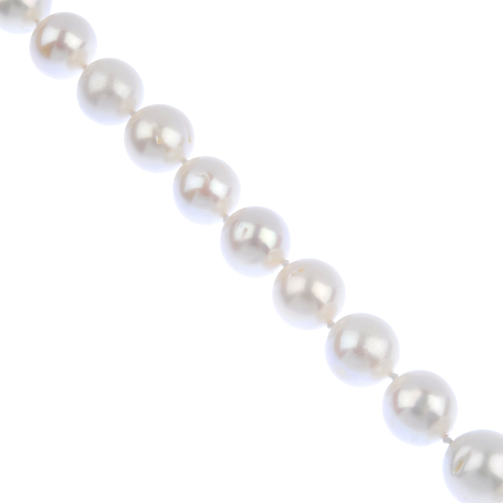 (117589) A single row uniform cultured pearl necklace. The cultured pearls measuring approximately