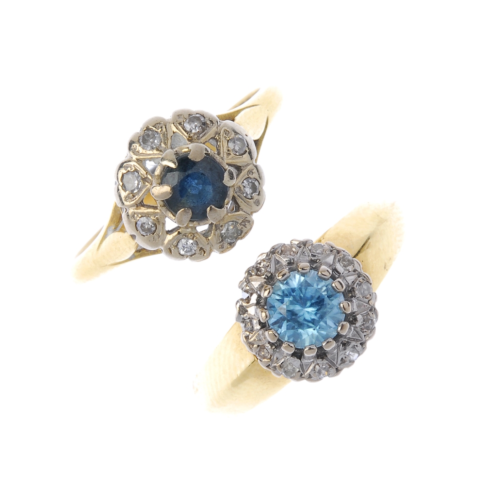 A selection of four diamond and gem-set rings. To include an 18ct gold circular-shape blue zircon
