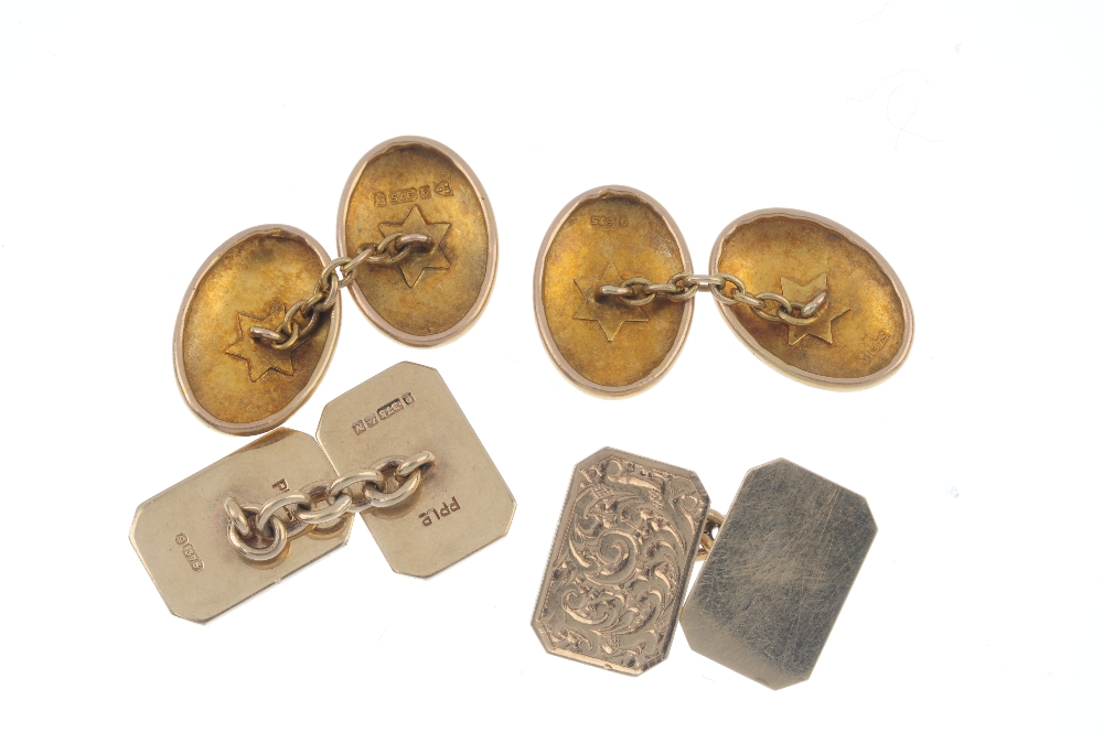 Two pairs of 9ct gold cufflinks. To include a pair of early 20th century 9ct gold oval-shape - Image 2 of 2