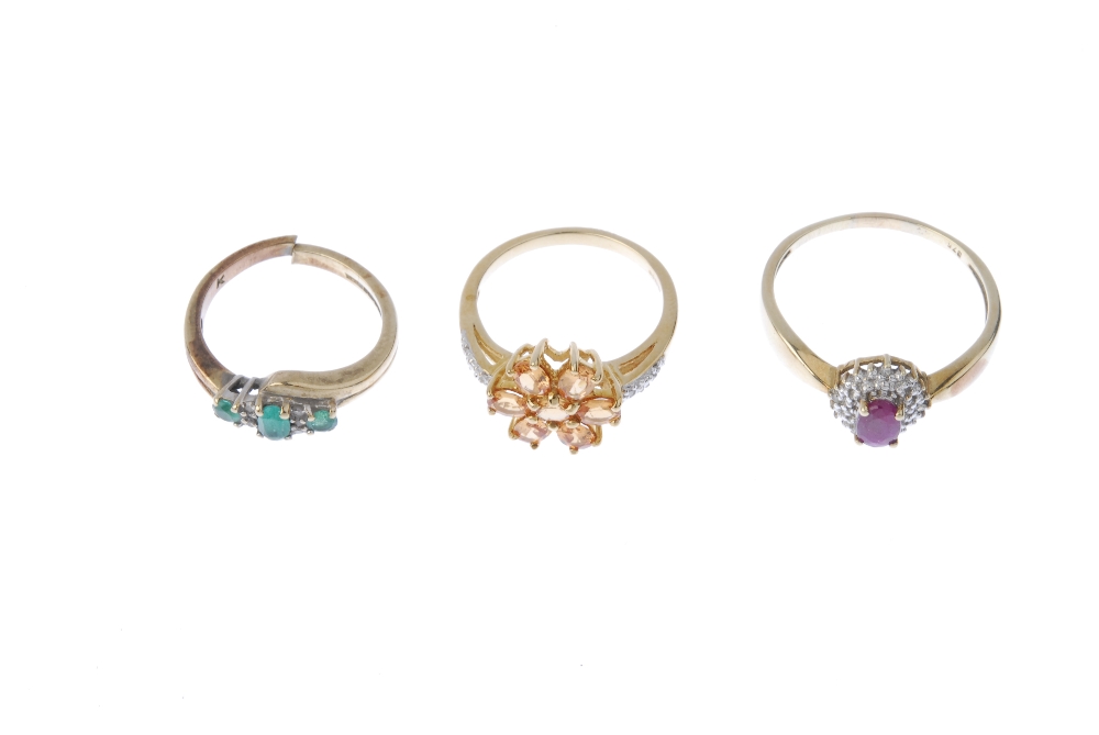 A selection of three 9ct gold diamond and gem-set rings. To include a ruby and diamond cluster ring, - Image 2 of 3
