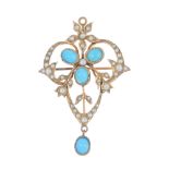 An early 20th century 9ct gold turquoise and split pearl pendant. Of openwork design, the oval